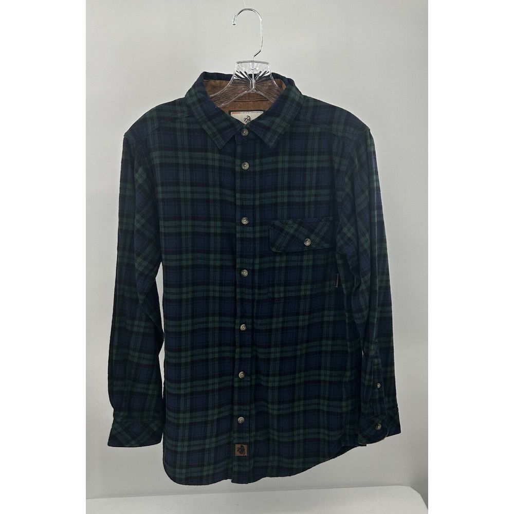 Legendary Whitetails Buck Camp Flannel Shirt Men's Small Green Navy Plaid Cotton